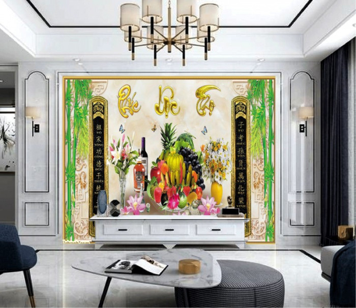 Tranh đôi trúc mâm trái cây và chữ phúc lộc thọ