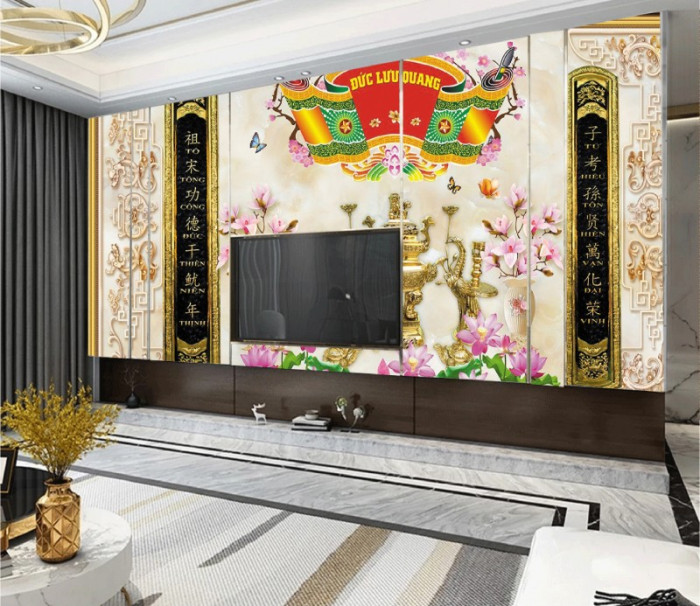 Tranh phòng thờ hoa sen hồng rực rỡ