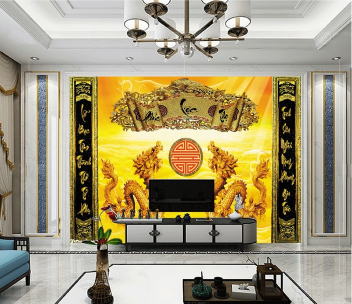 Tranh phòng thờ rồng vàng và chữ Phúc Lộc Thọ
