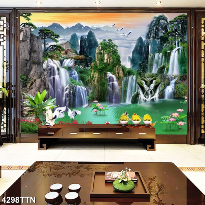 Tranh thác nước và hoa sen hồng