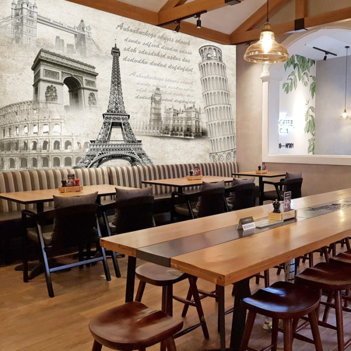 Tranh dán tường tháp paris, tháp nghiêng, đấu trường la mã trang trí quán cafe