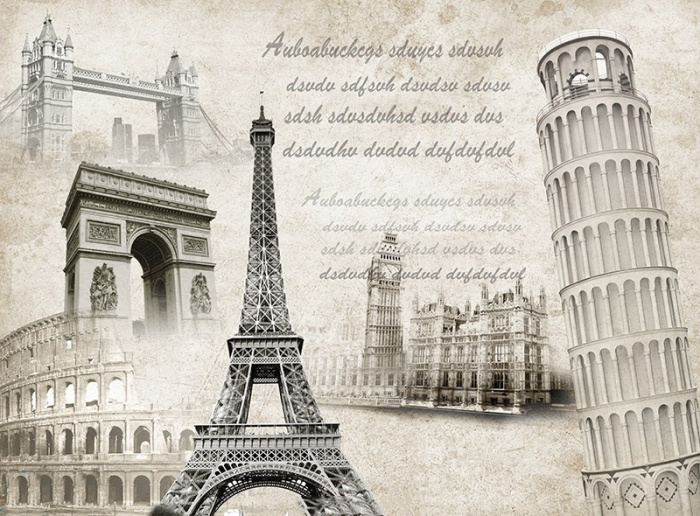 Tranh dán tường tháp paris, tháp nghiêng, đấu trường la mã trang trí quán cafe