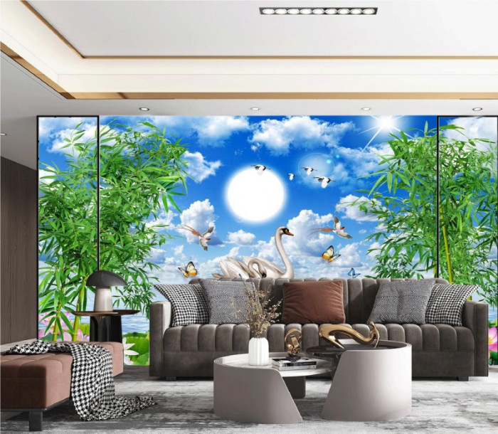 Tranh thủy mặc ,sơn thủy bẩu trời và đàn chim