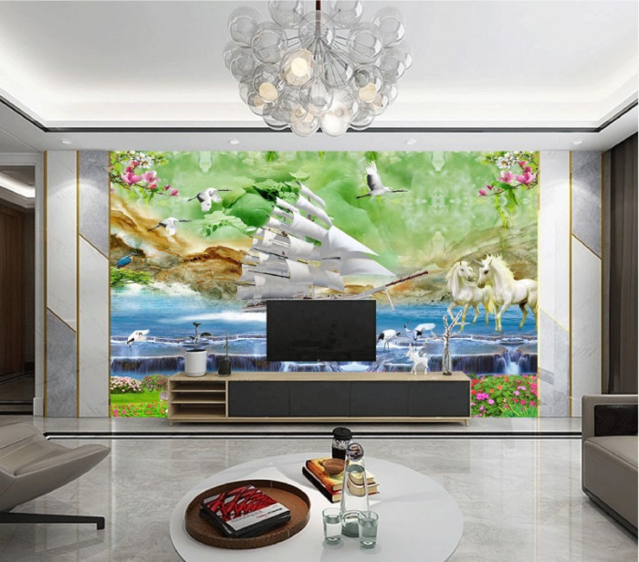 Tranh thủy mặc ,sơn thủy đôi ngưa trắng đáng yêu