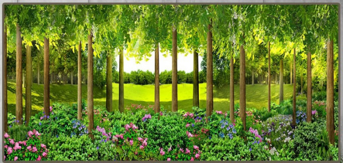 Tranh dán tường  thủy mặc ,sơn thủy rừng cây xanh và hoa sắc màu - 1