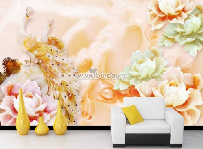 Tranh đôi chim công màu vàng bên hoa mẫu đơn đỏ khổ lớn