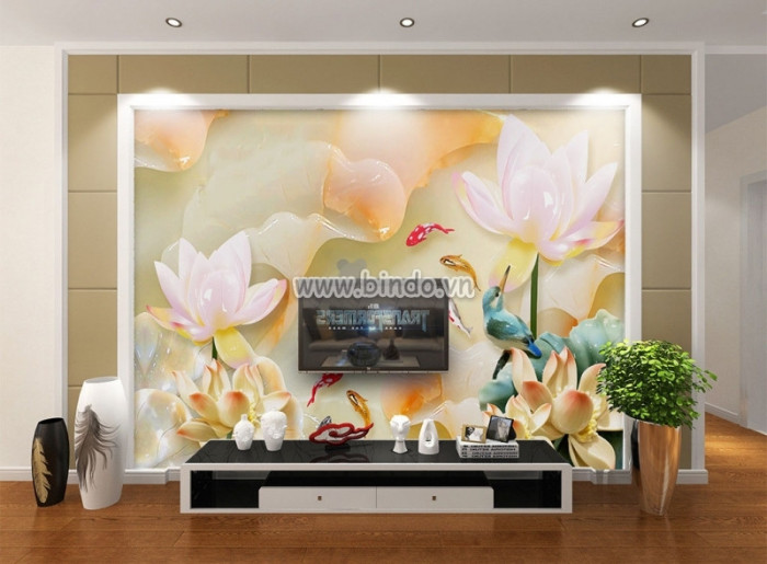 Tranh hoa sen trắng giả ngọc trắng và cá chép