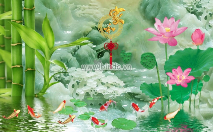Tranh hoa sen và tre xanh trên nền núi giả ngọc 3D