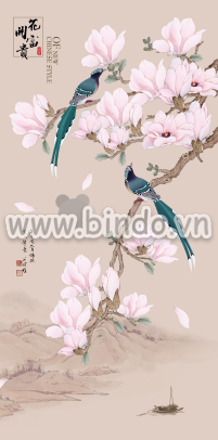 Tranh hoa sứ hồng phấn và đôi chim