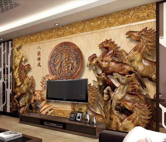 Tranh mã đáo thành công (8 ngựa) giả gỗ 3D đẹp hợp mệnh thổ dán tường phòng khách, phòng sếp cao cấp