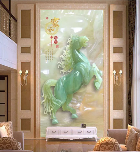 Tranh 1 con ngựa giả ngọc bích 3D dán tường phòng khách, văn phòng, khách sạn đẹp, có thi công tại TPHCM - 1