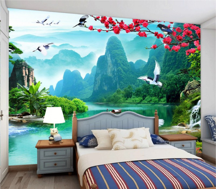 Tranh thủy mặc cành hoa đỏ va núi cao