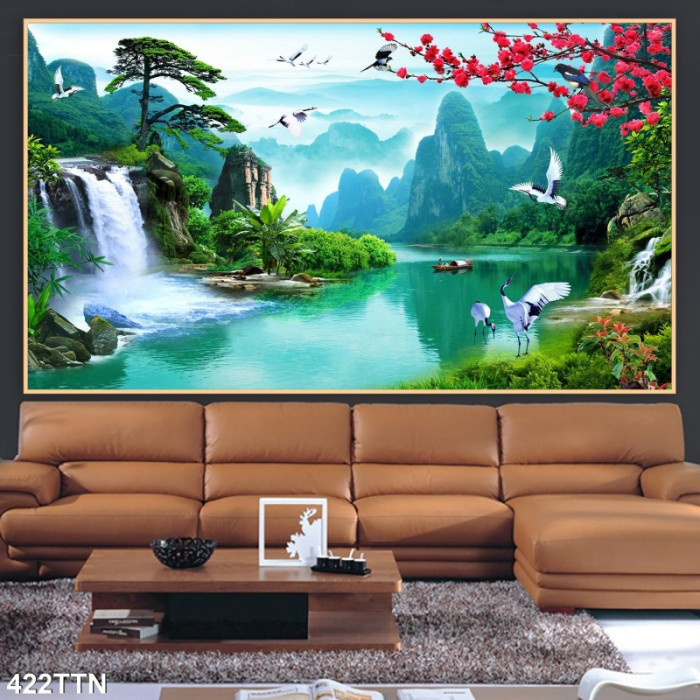 Tranh thủy mặc cành hoa đỏ va núi cao