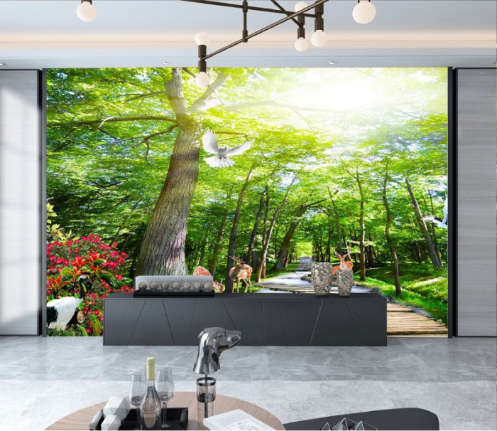 Tranh thủy mặc đàn nai và rừng cây
