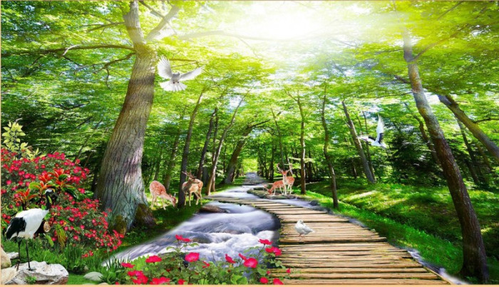 Tranh thủy mặc đàn nai và rừng cây