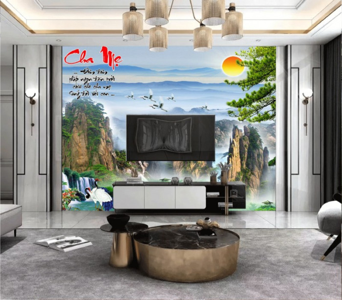 Tranh thủy mặc núi và mặt trời