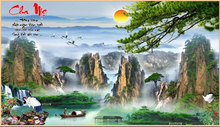 Tranh thủy mặc núi và mặt trời