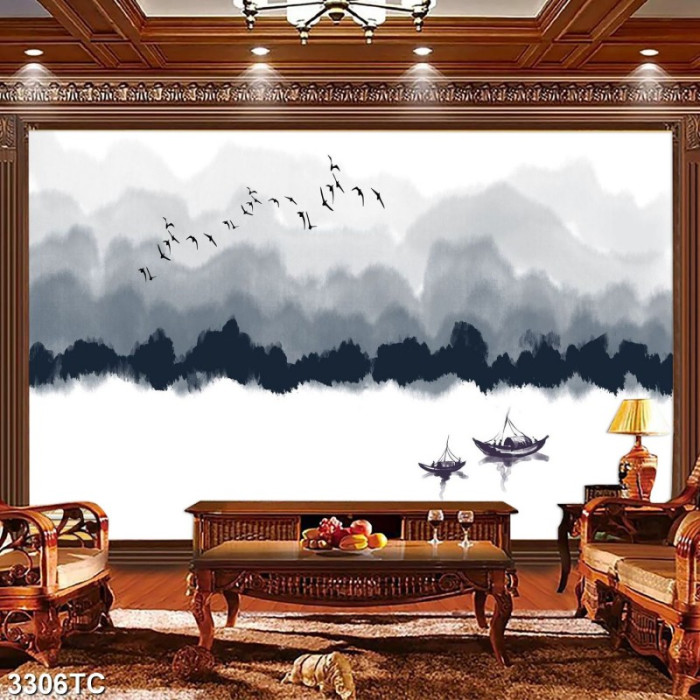 Tranh thủy mặc thuyền đậu trên sông