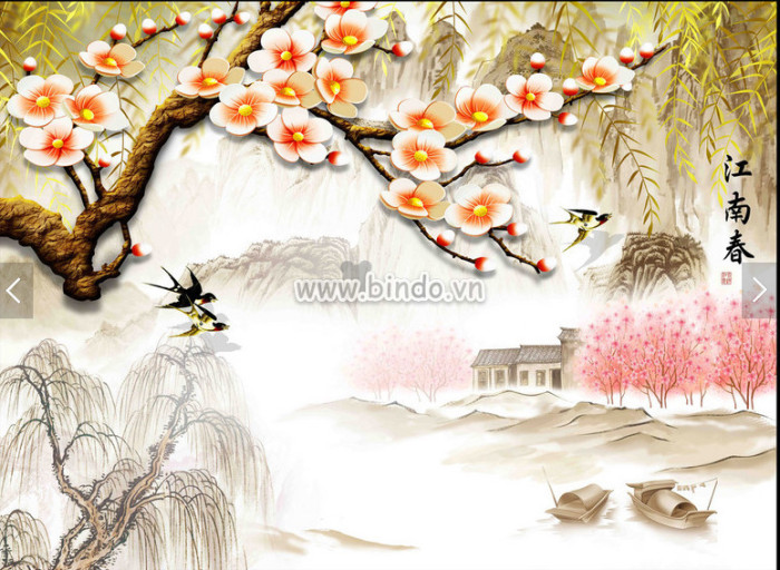 Tranh dán tường tranh vẽ hoa đào và phong cảnh huyền ảo T0118