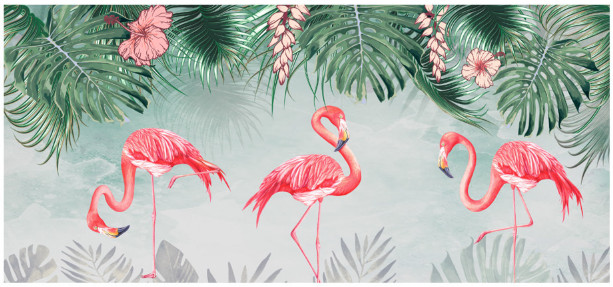 Tranh vẽ khu rừng nhiệt đới và chim hồng hạc 1