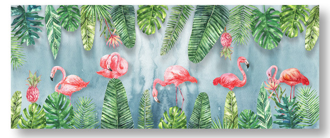 Tranh vẽ khu rừng nhiệt đới và chim hồng hạc