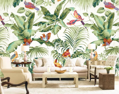 Tranh vẽ khu rừng cây lá nhiệt đới và chim dán tường phòng khách, quán ăn  cafe độc đáo