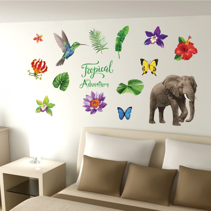 Decal dán tường Decal dán tường động vật rừng nhiệt đới voi chim hoa và bướm, trang trí phòng ngủ, phòng khách, quán, ở TPHCM 0,68 x 0,48 (m) (dài x rộng)