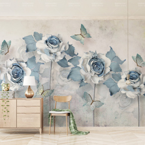 Tranh dán phòng khách hoa hồng xanh 3D Tranh dán phòng khách hoa hồng xanh 3D