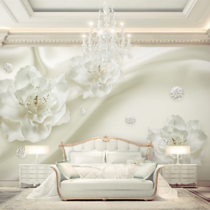 Tranh dán phòng khách hoa hồng trắng 3D