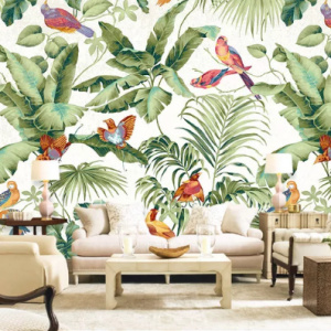 Tranh vẽ khu rừng cây lá nhiệt đới và chim dán tường phòng khách, quán ăn cafe độc đáo