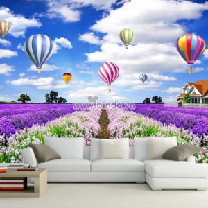 Tranh cánh đồng hoa lavender tím ngôi nhà và kinh khí cầu khổ lớn dán tường Tranh cánh đồng hoa lavender tím ngôi nhà và kinh khí cầu khổ lớn dán tường