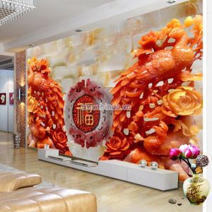 Tranh đôi chim công và hoa mẫu đơn màu đỏ giả ngọc dán tường khổ lớn Tranh đôi chim công và hoa mẫu đơn màu đỏ giả ngọc dán tường khổ lớn