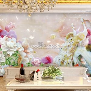 Tranh đôi chim công và hoa mẫu đơn trắng giả ngọc dán tường đẹp Tranh đôi chim công và hoa mẫu đơn trắng giả ngọc dán tường đẹp