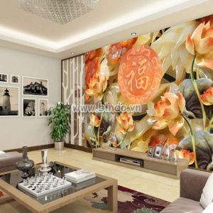 Tranh hoa mẫu đơn màu cam, chữ phúc giả ngọc khổ lớn dán tường Tranh hoa mẫu đơn màu cam, chữ phúc giả ngọc khổ lớn dán tường