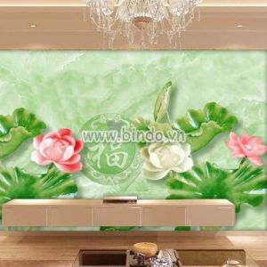 Tranh 3 hoa sen đỏ trắng bên lá sen xanh chữ phúc khổ lớn dán tường Tranh 3 hoa sen đỏ trắng bên lá sen xanh chữ phúc khổ lớn dán tường