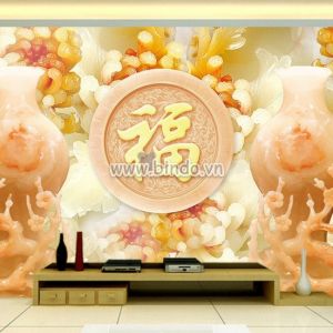 Tranh 2 bình hoa và chữ phúc ở giữa màu vàng nền giả ngọc khổ lớn Tranh 2 bình hoa và chữ phúc ở giữa màu vàng nền giả ngọc khổ lớn