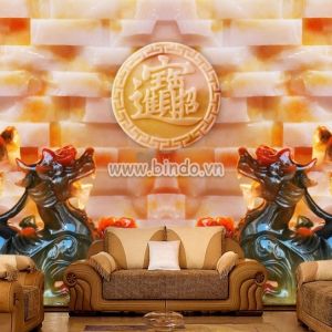 Tranh đôi kỳ lân đỏ đen giả ngọc nền gạch 3D Tranh đôi kỳ lân đỏ đen giả ngọc nền gạch 3D