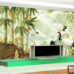 Tranh đôi hạc trắng và bụi tre xanh nền núi 3D giả ngọc Tranh đôi hạc trắng và bụi tre xanh nền núi 3D giả ngọc