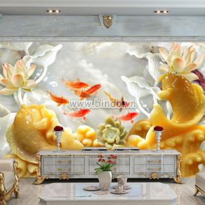 Tranh đôi cá chép vàng và hoa sen trắng nền ngọc bích 3D Tranh đôi cá chép vàng và hoa sen trắng nền ngọc bích 3D