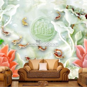 Tranh 9 cá chép trên nền hoa sen trắng giả ngọc 3D Tranh 9 cá chép trên nền hoa sen trắng giả ngọc 3D