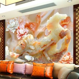 Tranh 1 ngựa giả ngọc màu vàng trên nền hoa mẫu đơn ngọc bích 3D Tranh 1 ngựa giả ngọc màu vàng trên nền hoa mẫu đơn ngọc bích 3D