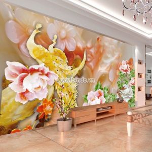 Tranh đôi chim công vàng trên nền hoa mẫu đơn hồng 3D giả ngọc Tranh đôi chim công vàng trên nền hoa mẫu đơn hồng 3D giả ngọc