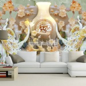 Tranh đôi chim công đứng trên núi giả ngọc trắng trên nền hoa 3D Tranh đôi chim công đứng trên núi giả ngọc trắng trên nền hoa 3D
