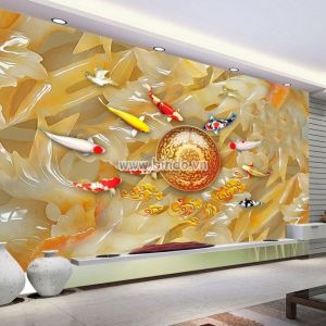 Tranh 9 cá chép bơi quanh vòng tròn vàng trên hoa 3D vàng Tranh 9 cá chép bơi quanh vòng tròn vàng trên hoa 3D vàng