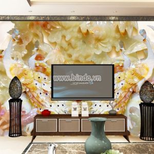 Tranh 2 đôi chim công đối xứng trắng vàng trên nền hoa 3D giả ngọc Tranh 2 đôi chim công đối xứng trắng vàng trên nền hoa 3D giả ngọc