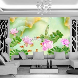 Tranh 9 cá chép đỏ vàng và 4 hoa sen hồng giả ngọc xanh 3D Tranh 9 cá chép đỏ vàng và 4 hoa sen hồng giả ngọc xanh 3D
