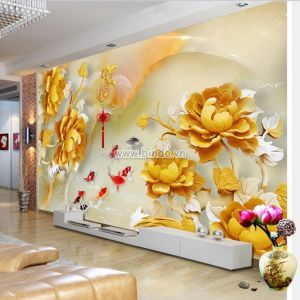 Tranh hoa mẫu đơn vàng và 9 cá chép trên nền ngọc bích 3D Tranh hoa mẫu đơn vàng và 9 cá chép trên nền ngọc bích 3D