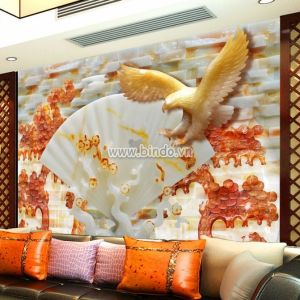 Tranh đại bàng màu vàng và quạt 3D màu trắng trên nền gạch giả ngọc Tranh đại bàng màu vàng và quạt 3D màu trắng trên nền gạch giả ngọc