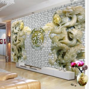 Tranh chữ phúc màu trắng và đôi rồng giả ngọc xanh trên nền gạch trắng 3D Tranh chữ phúc màu trắng và đôi rồng giả ngọc xanh trên nền gạch trắng 3D