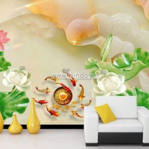 Tranh 9 cá chép bơi xung quanh lá sen xanh giả ngọc 3D Tranh 9 cá chép bơi xung quanh lá sen xanh giả ngọc 3D